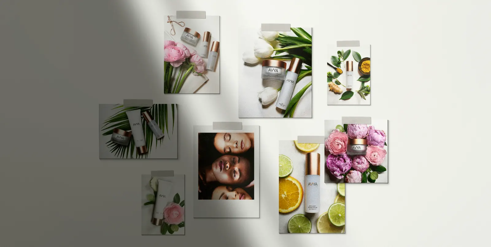 AVYA editorial moodboard — products, ingredients, portraits