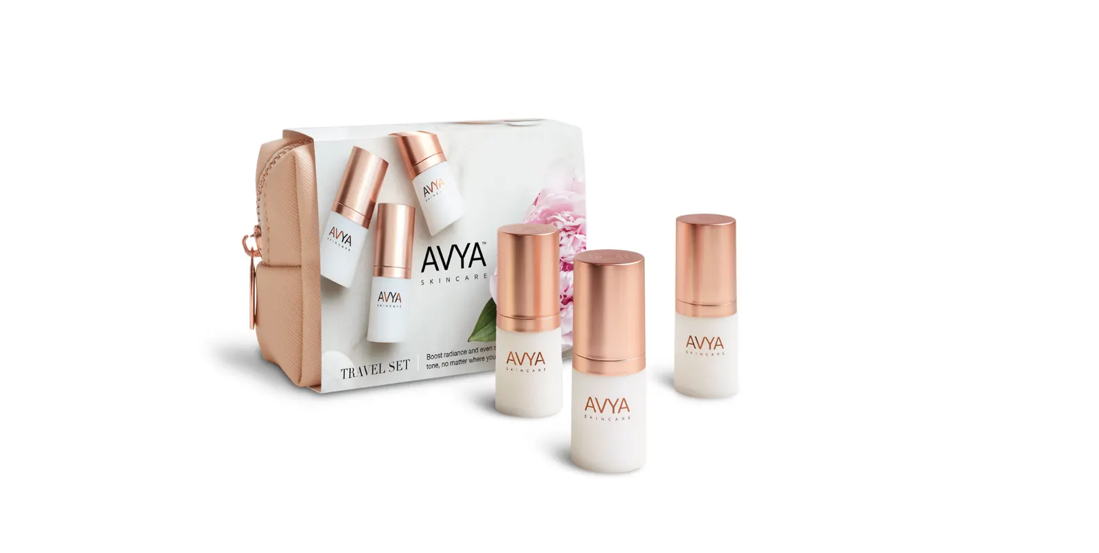 AVYA Skincare Travel Set with rose-gold minis