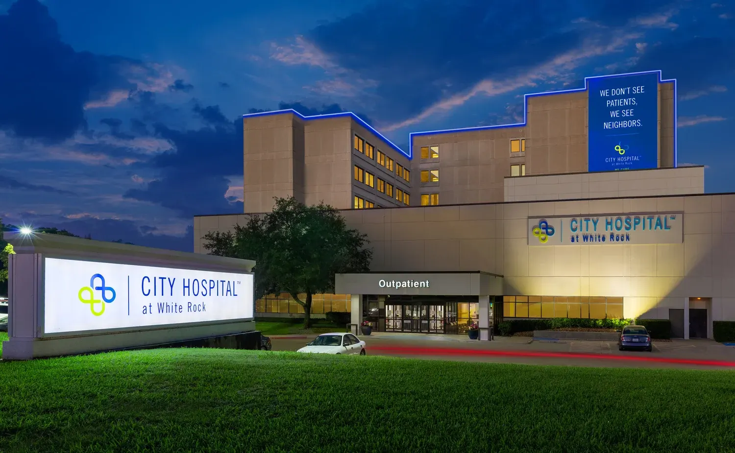City Hospital at White Rock — exterior at dusk