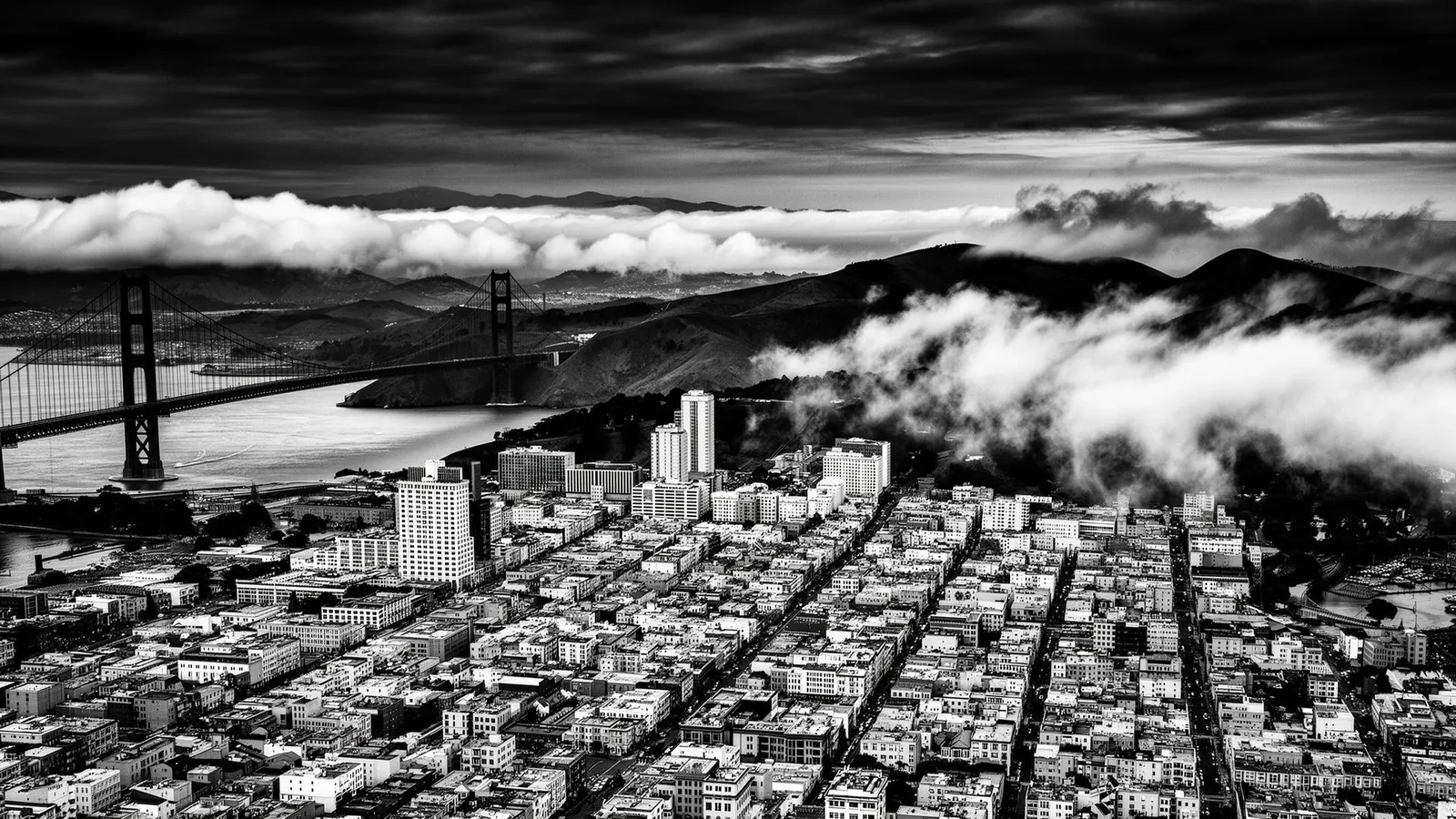 Aerial view of San Francisco with the Golden Gate Bridge and fog